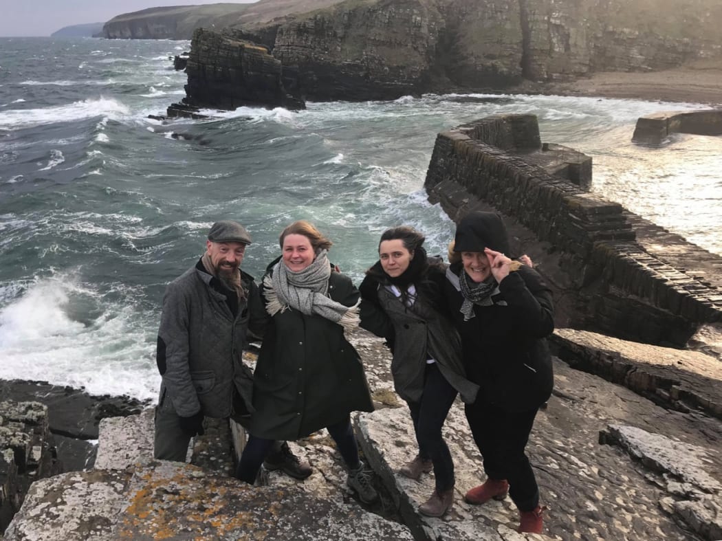 Artists Jeff Zimmer, Anne Vibeke Mou, Anne Petters, and Annie Cattrell at Latheronwheel Harbor; photo by K. Sutherland.