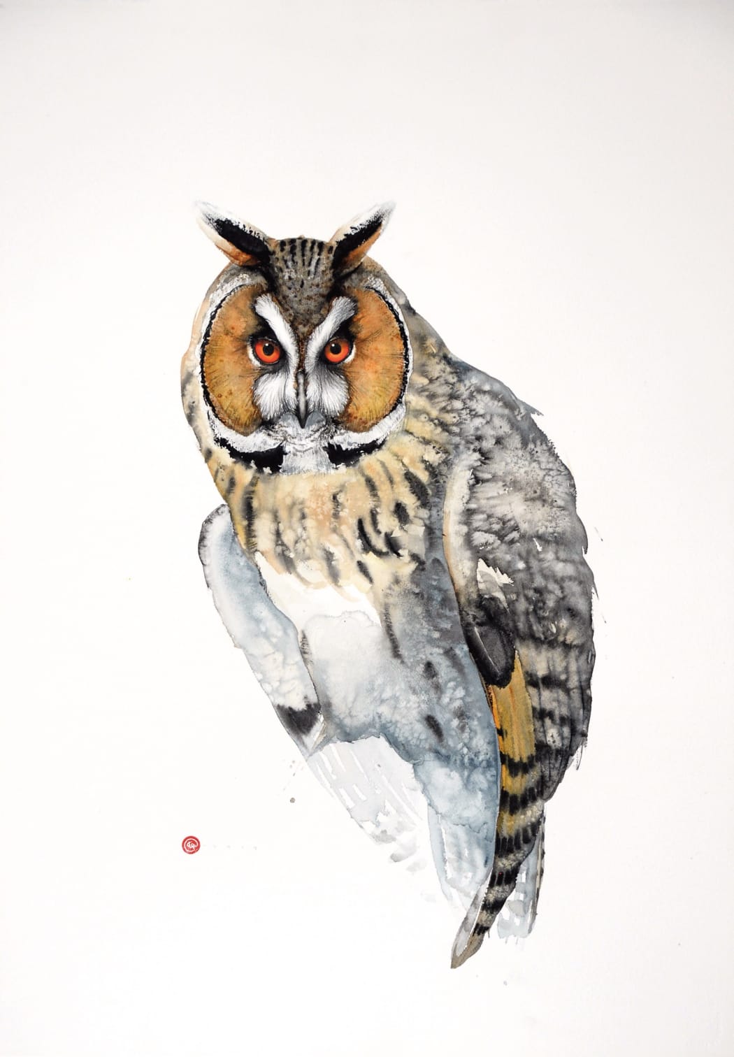 Long-eared Owl, watercolour on Arches watercolour paper, 106 x 75 cms