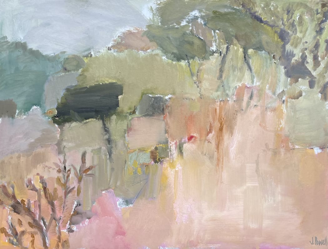 Umbrella Trees, Tuscany, oil on board, 76 x 102 cms