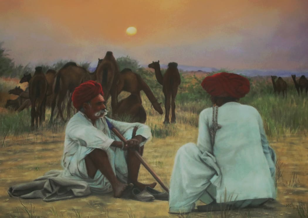 Two Rajasthani Men with Camels, pastel on paper, 46.5 x 59 cms