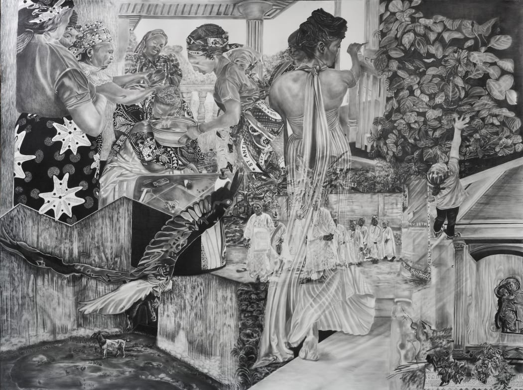 'The Departure', 2025, graphite on paper, 60 1/4 x 78 3/4 in, 153 x 200 cm