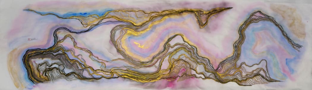 Victor Wong, The Fauvist Dreams of Gemini 01, 2020 Artificial Intelligence, Chinese ink, acrylic & gold paint on rice paper, 131 x 43 cm