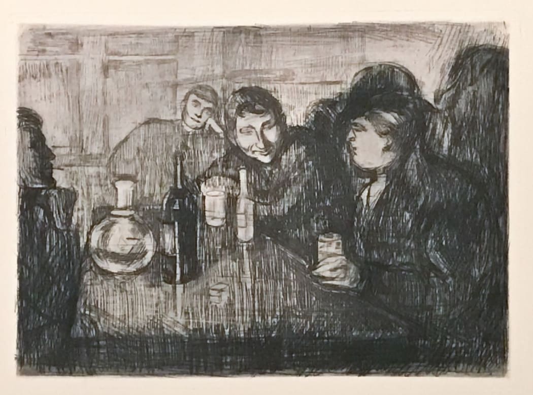 Edvard Munch: Kristiania Bohème I W015, 1895, etching, 13 1/2 x 18 7/8 inches.