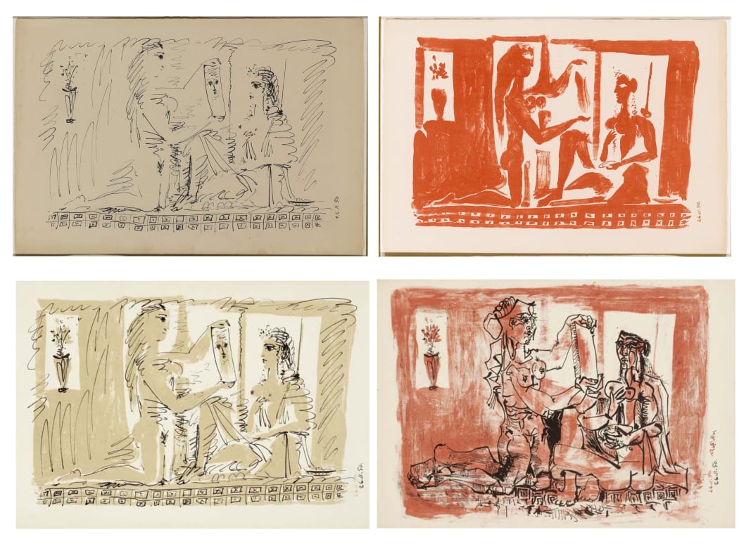 Upper left & right: La Femme au Miroir (Woman at the Mirror) (M197 1st state), 1950, lithograph, 12 3/8 x 19 3/4 inches Lower left & right: La Femme au Miroir (Woman at the Mirror) (M197 each one of five state proofs), 1950, lithograph, 12 1/2 x 18 inches