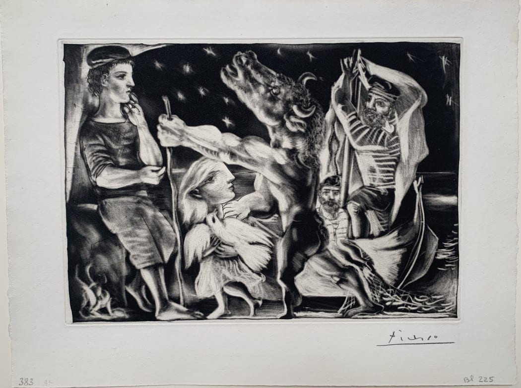 Minotaure aveugle guidé par Marie-Thérèse au Pigeon dans une Nuit étoilée (S.V. 97) (Bloch 225), 1934, Aquatint, scraper, drypoint and burin, 9 3/4 x 13 3/4 inches