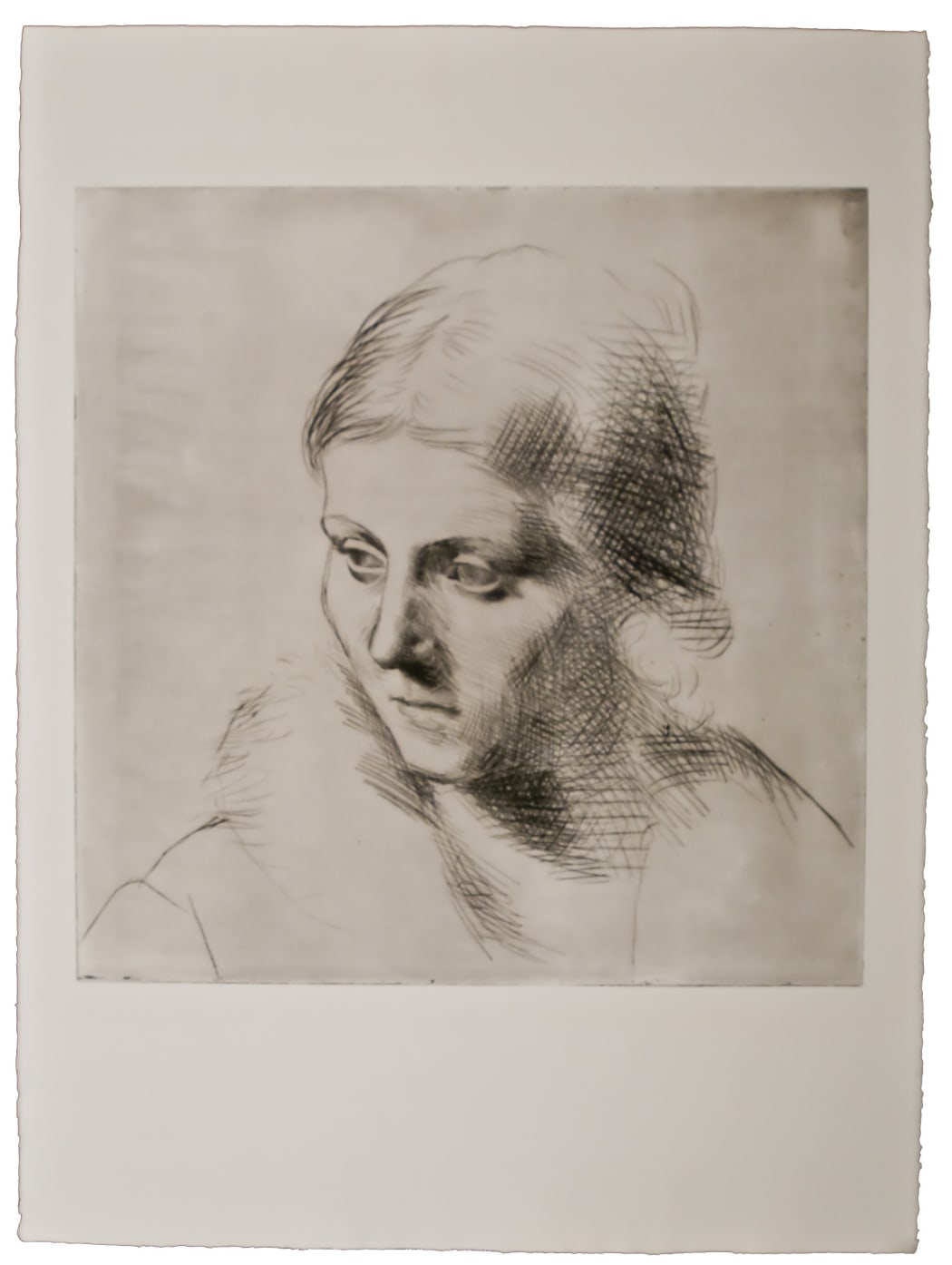 Portrait d’Olga au Col de Fourrure(Ba109), 1923, drypoint, 30 1/4 x 22 1/8 inches