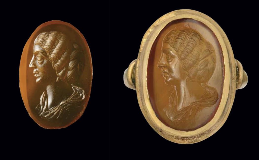 A Roman carnelian intaglio portrait of the Empress Julia Domna set in a modern gold ring. Circa AD 200