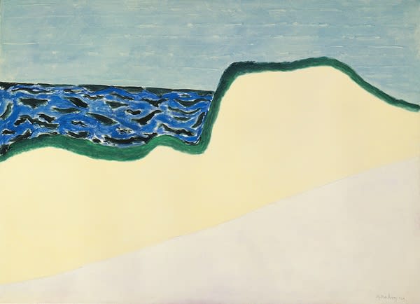 Abstract painting on canvas. The painting depicts a beach setting with the sand painted in two flat layers of beige and tan respectively. The thick green outline separates the sand from the ocean, which also have green marks over it. 