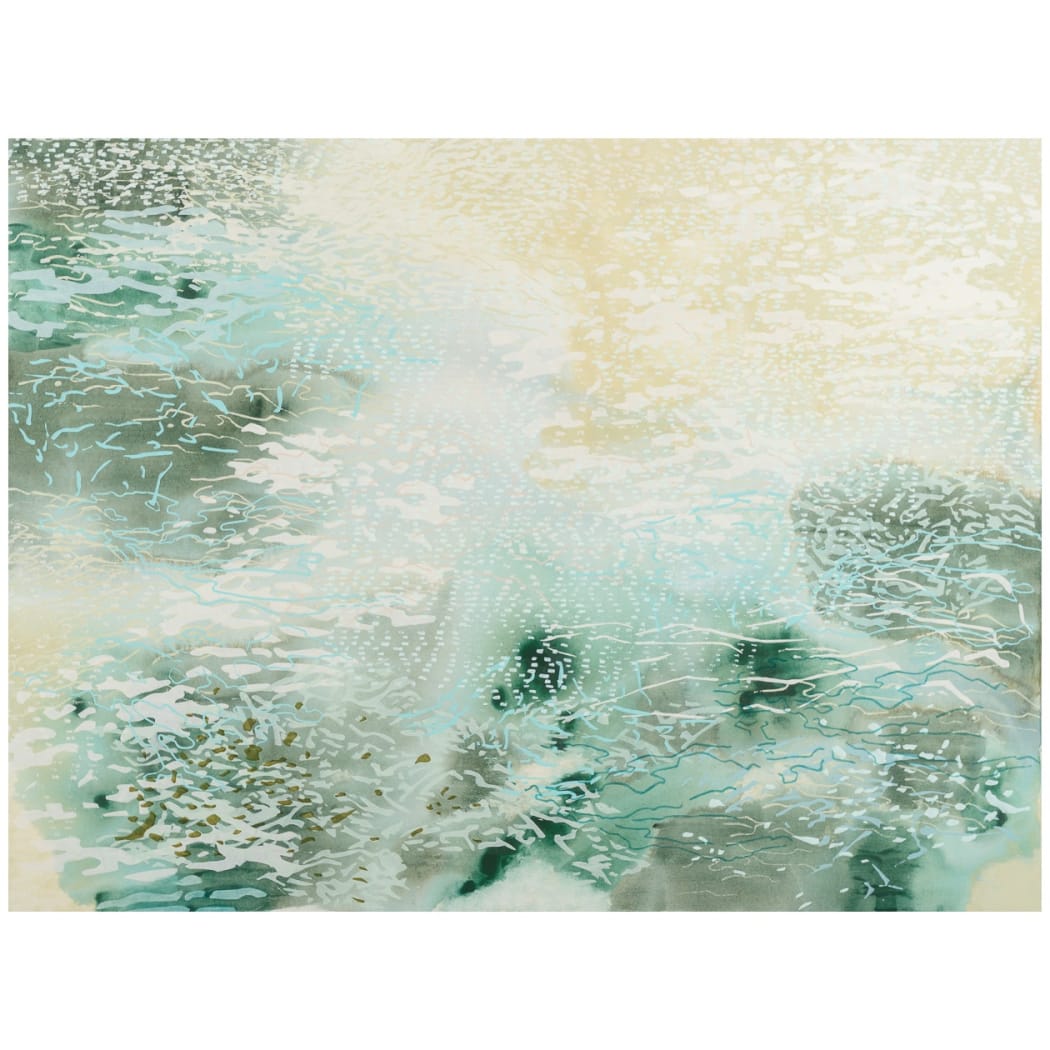 Laura Fayer's "Coral Grove" done with acrylic and rice paper on canvas in various shades of cream, green, and white. The acrylic gradient takes up the whole first layer while the rest has various pieces of rice paper sprinkled.