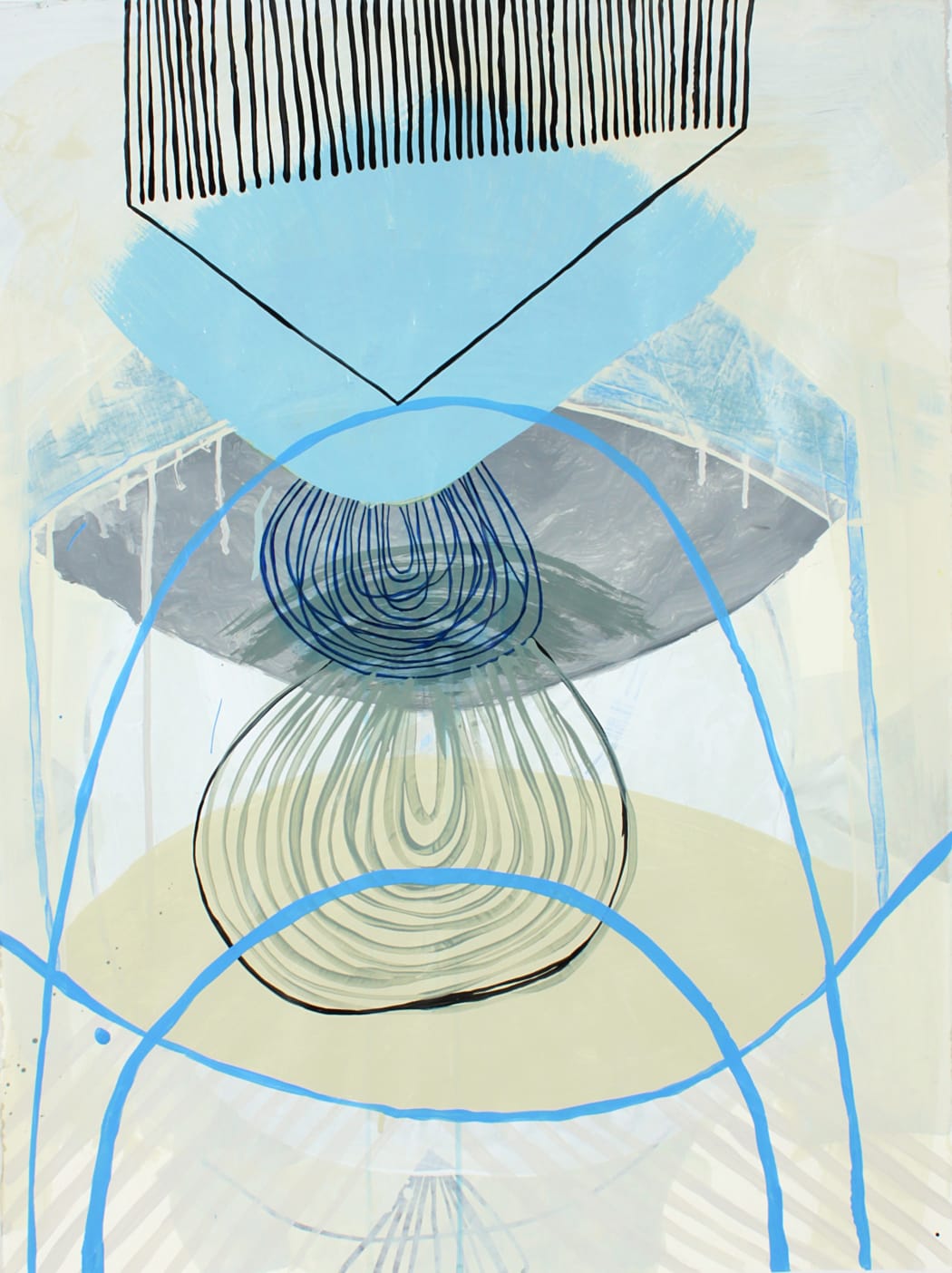 Ky Anderson's "Two Over Four" done with acrylic and ink on paper in various shades of blue, tan, gray and black. The painting depicts small line strokes on the foreground layer overlapping large more muted flat shape designs.