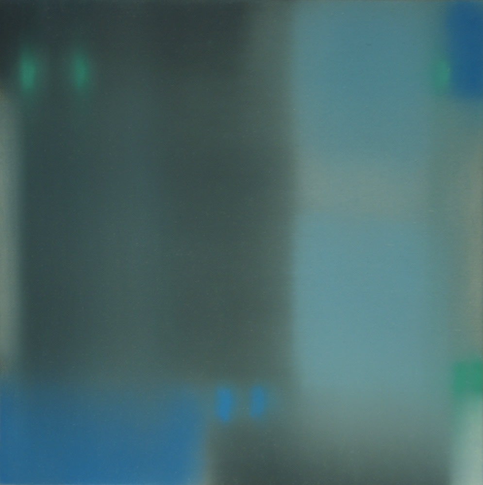 Oil painting on panel by Julian Jackson in various muted shades of blue and green. From a viewer's perspective, the painting is a texture pattern that resemble shadows that are out of focus. This creates an illusion of form.