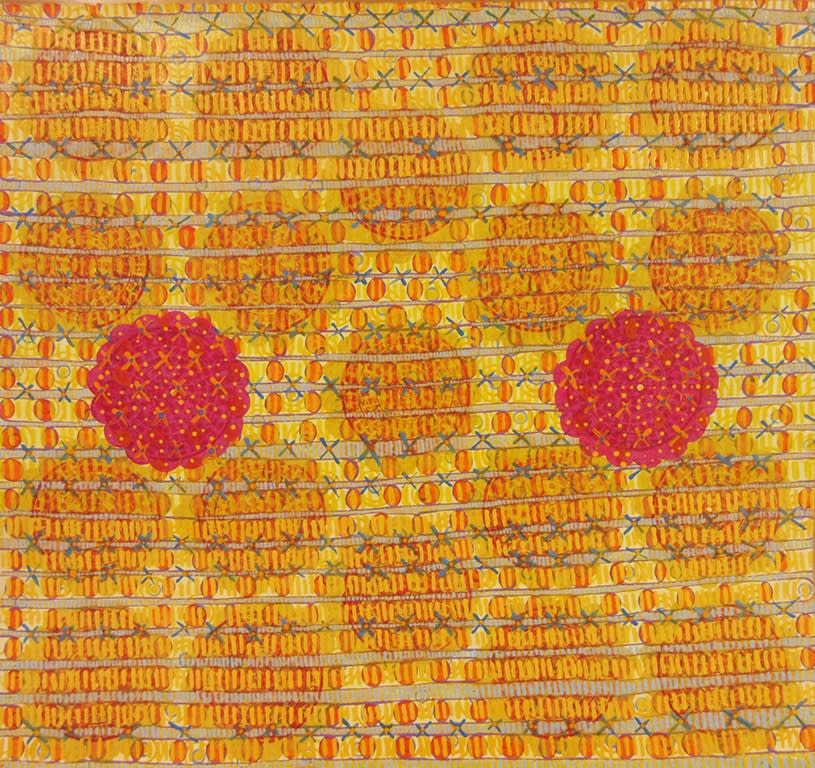 Diane Ayott's "Recurrent Dreams" done in mixed media on paper. This work of art has a quilt-like design pattern done in warm colors such as red, orange, yellow and tan, along with thin blue threads being stitched together. 