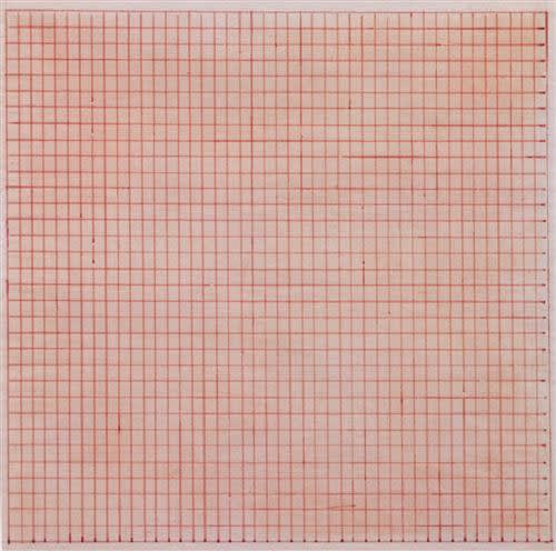 This artwork is a red lined grid on a pale pink surface. While perfectly aligned, some marks are thicker than others.