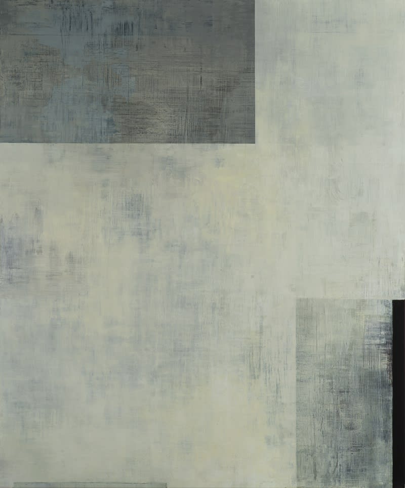 Abstract painting on canvas dominated by shades of gray. The painting is a flat gray surface, with small rectangles painting on two of the edges of the surface. The lower right part as a thin black rectangle. The painting is compromised of negative space.