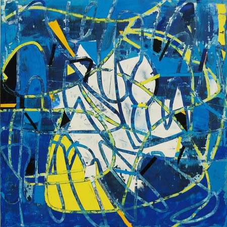 Abstract painting on canvas with primarily cool colors. The painting is of both yellow and blue lines creating an overlapping movement in the foreground. The background has shades of blue and white that compliment the rustic lines.