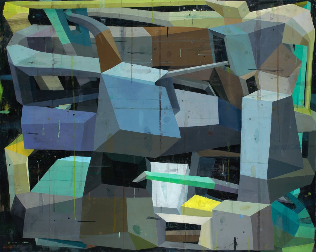 Deborah Zlotsky's "Fata Morgana" oil painting on canvas in various shades of brown, gray, blue, beige and yellow. The painting depicts cube-like shape patterns. The layers of bright and dark colors on each side of the cubes create an illusion of depth.