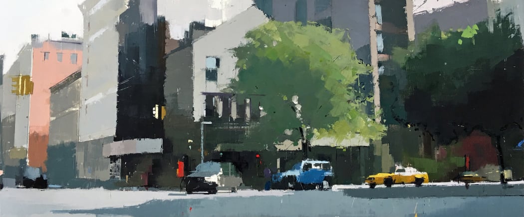 Lisa Breslow's "Soho Morning" oil painting and pencil on canvas in several shades of gray, green, blue, yellow and pink. The painting depicts a town setting with traffic moving and trees that are blending in with the buildings. 
