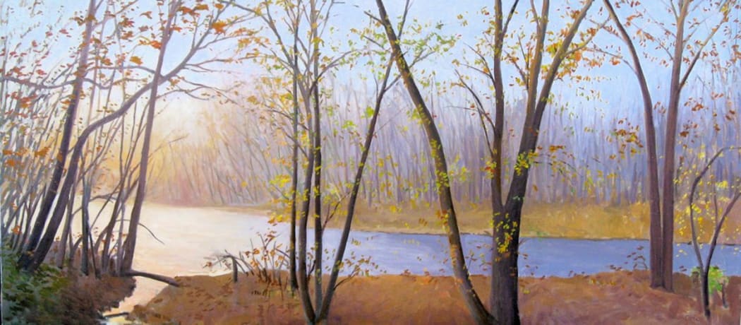 Elissa Gore's "Neshaminy Creek" oil painting on canvas in shades of orange, yellow, blue, green and brown. The painting depicts a forest fall setting with a sense of depth of field with the trees in both the background and foreground. 