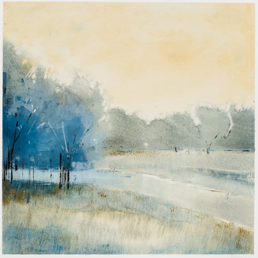 square landscape, field with tree on left side, blue and yellows