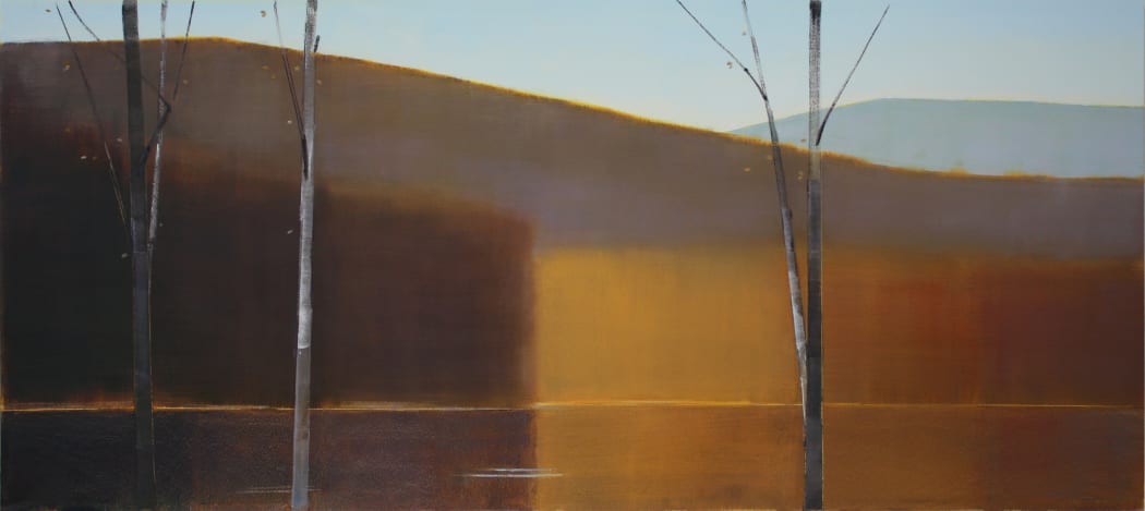 Stephen Pentak's "2016, III.II" oil painting on panel in various shades of brown, gray and blue. The painting depicts part of the woods with three trees in the foreground. There are multiple layers of depth as each plain recedes into the distance.