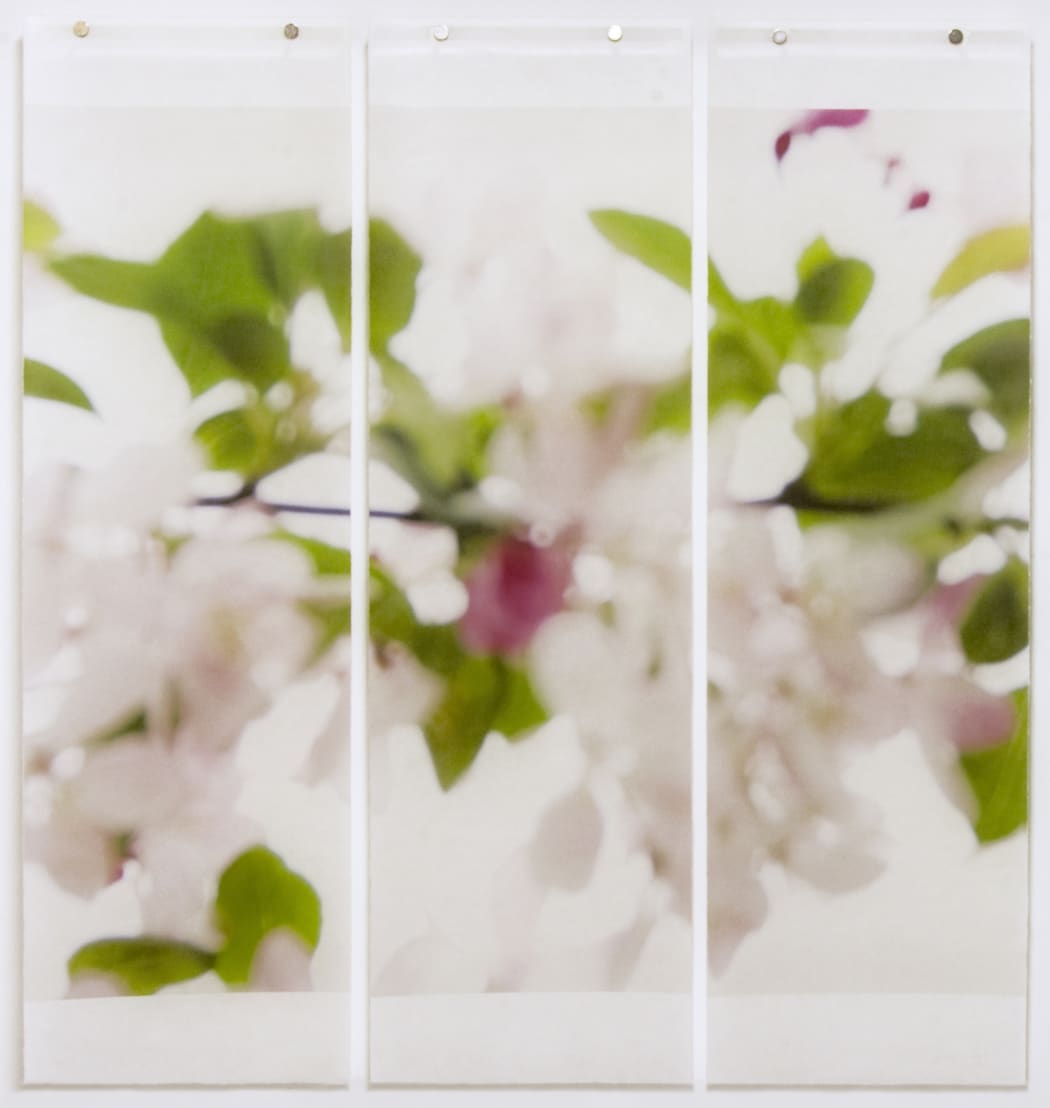 Jeri Eisenberg's "Till it's Time to Go" archival pigment on kozo paper infused with encaustic medium. The work has shades of green, purple and white. The painting resembles a blurred image of petals and leaves.