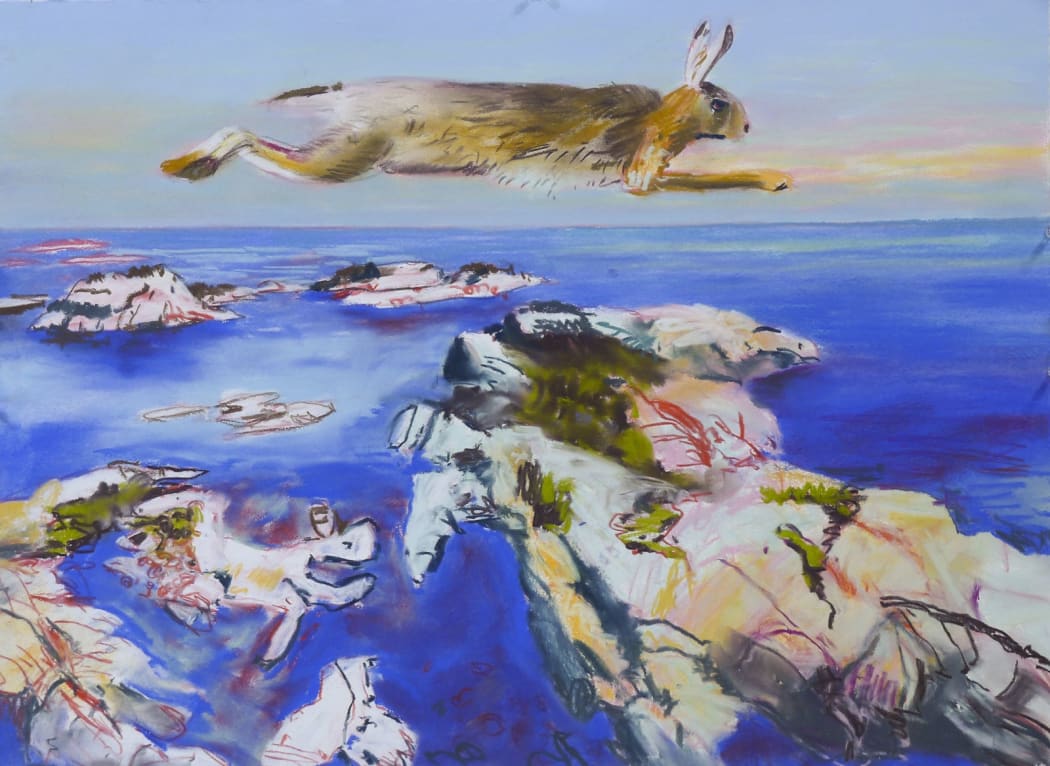 John Hartman, Running Rabbit Above the Western Islands, 2020, pastel on paper, 22 x 30 in.