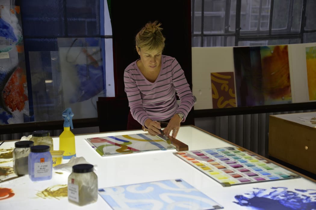 Katharine Harvey working on her forthcoming public art commission in the Franz Mayer of Munich glass studio in Germany, 2017