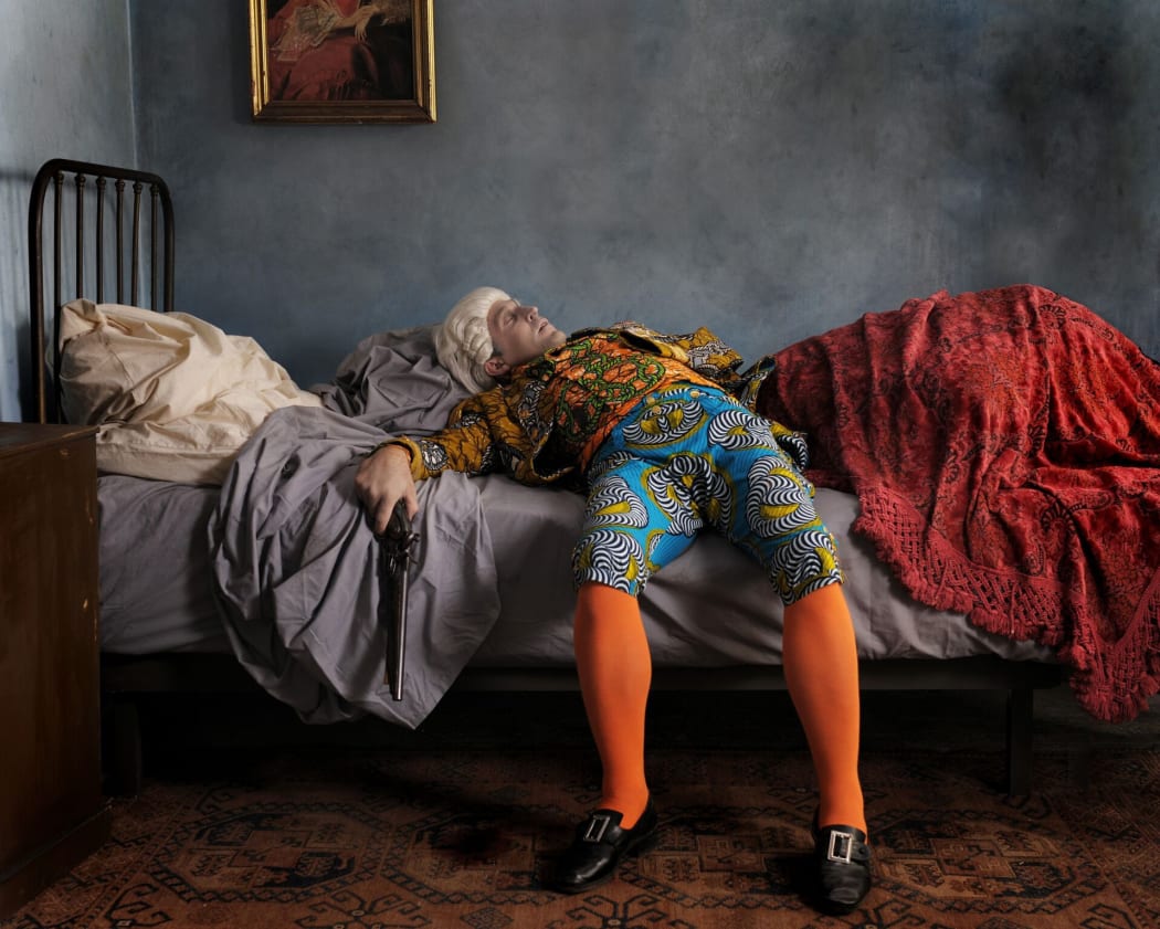 Yinka Shonibare' work named Fake Death Picture or The Suicide, created in 2011