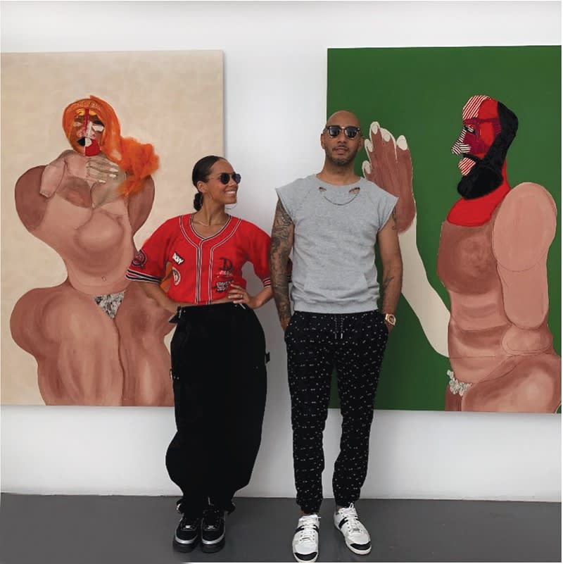 Alicia Keys and Kasseem “Swizz Beatz” Dean with paintings by Tschabalala Self © SWIZZ BEATZ