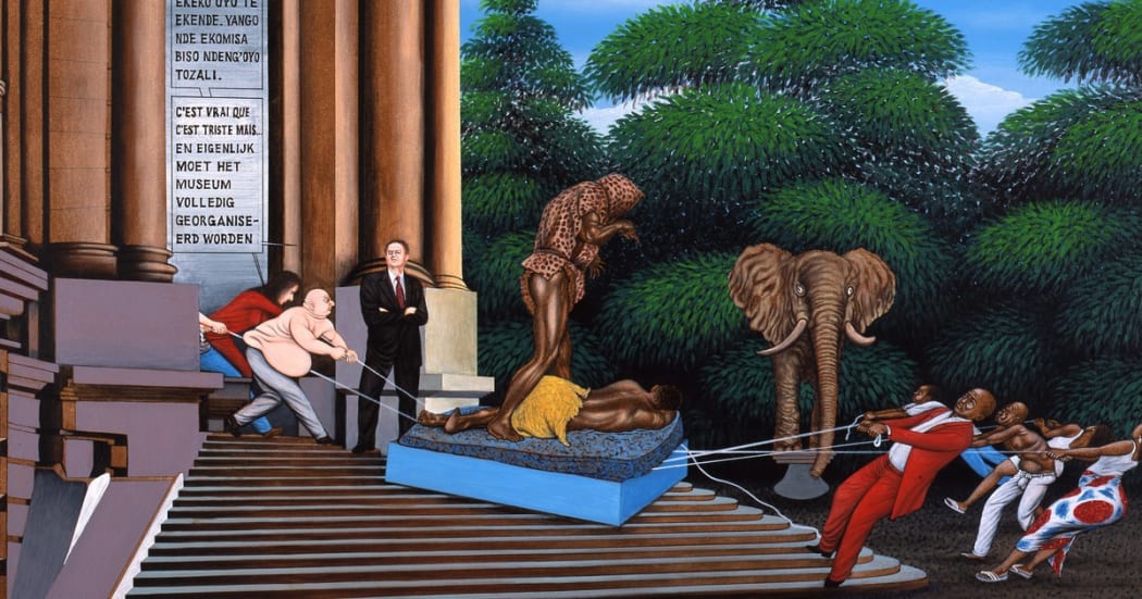 Chéri Samba’s ‘Réorganisation’ (2002), depicting a tug of war on the museum steps © RMCA