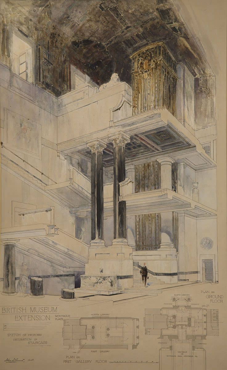 Sir John James Burnet RA RSA (1857-1938) Sketch for proposed decoration of staircase, British Museum Extension, ink and watercolour on paper, about 1903-13, RSA Diploma Collection deposit, 1915.