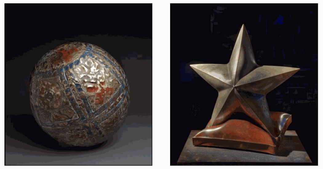QUILTED MEDICINE BALL, (left) one of a kind forged & fabricated bronze, 16" h x 16" w x 16" d, SIRIUS REPOSE, (right) one of a kind forged & fabricated bronze, 23" h x 21" w x 12" d