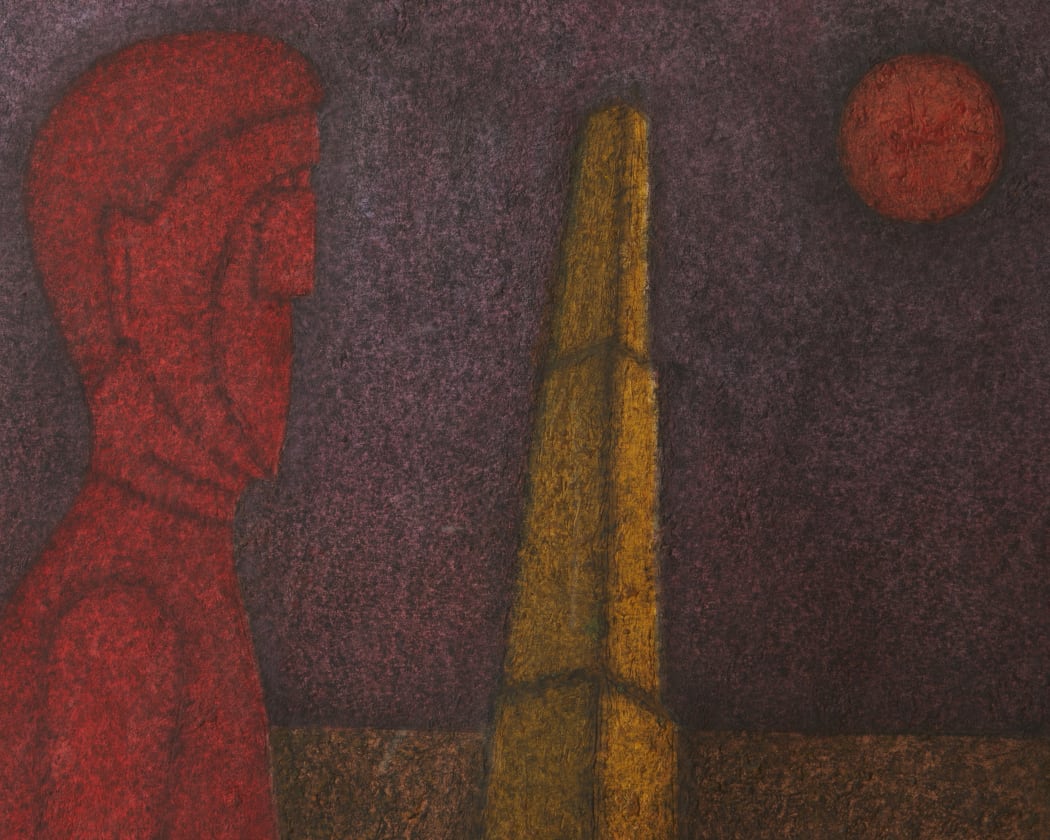 red, abstract figure staring at a red celestial body