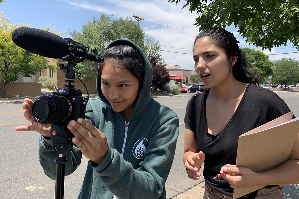 Littleglobe Junior Filmmaker Noor-Un-Nisa Touchon mentoring Aurora Escobedo, age 18, for ¡Presente! 2019 (Photo by Katy Gross)