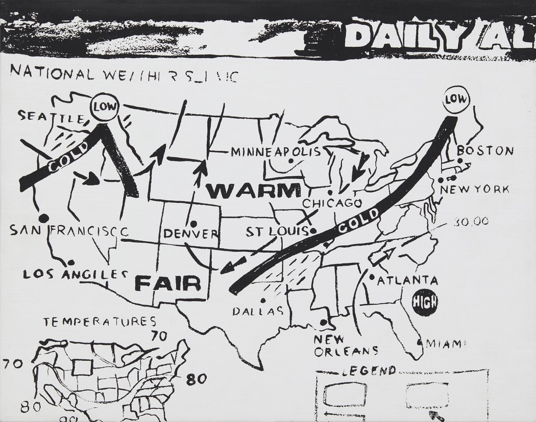 Andy Warhol. Weather Map (Positive), 1986. Acrylic on canvas 16 x 20 in. (40.6 x 50.8 cm) © 2020 Andy Warhol Foundation for the Visual Arts / Artists Rights Society (ARS), New York. Courtesy of Zeit Contemporary Art, New York