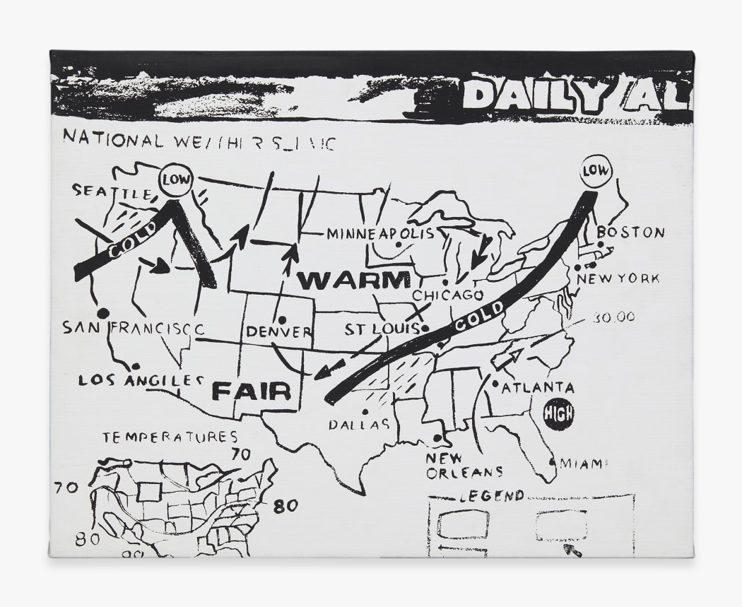 Andy Warhol. Weather Map (Positive), 1986. Acrylic on canvas 16 x 20 in. (40.6 x 50.8 cm.) © 2020 Andy Warhol Foundation for the Visual Arts / Artists Rights Society (ARS), New York. Courtesy of Zeit Contemporary Art, New York