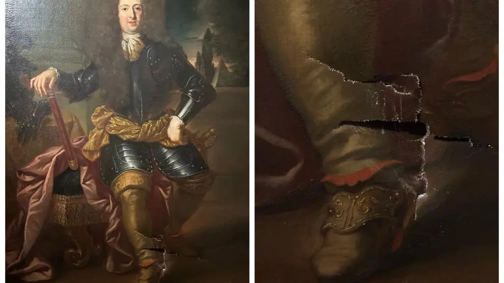 Retrato de Ferdinando de Medici, pintado por Anton Domenico Gabbiani em 1712, é rasgado por visitante que tropeça ao fazer selfie na Galleria degli Uffizi, em Florença.