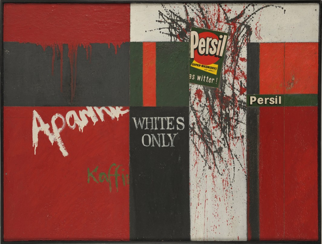 Brian Rice, Persil for Whites Only, 1961, oil, sand and collage on board, 91.4 x 120.8 cm 