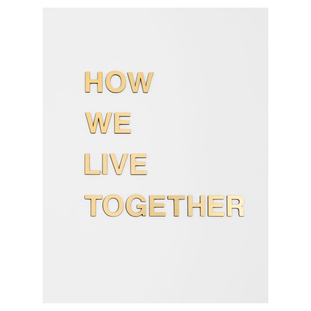 Anne Katrine Senstad  How We Live Together, 2018  Wood, brushed brass aluminum  35 x 38 x 1/2 in  88.9 x 96.5 x 1.3 cm  Edition of 3