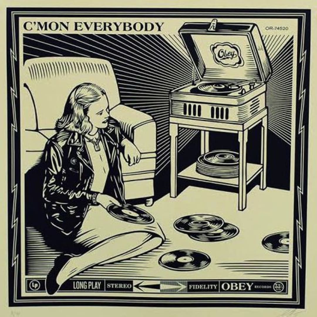 Shepard Fairey C’mon Everybody, 2014 One color serigraph, one color varnish, 42 X 42 in., Edition of 50