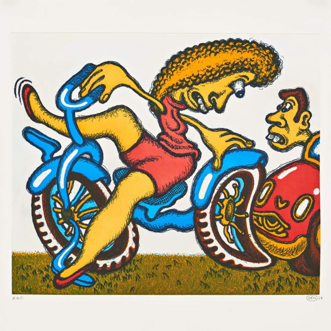 Peter Saul COLLISION, 2018 Soft ground etching with Aquatint etching 27 1/2 x 31 ins 69.85 x 78.74 cm Signed and numbered by the artist Available at VFA