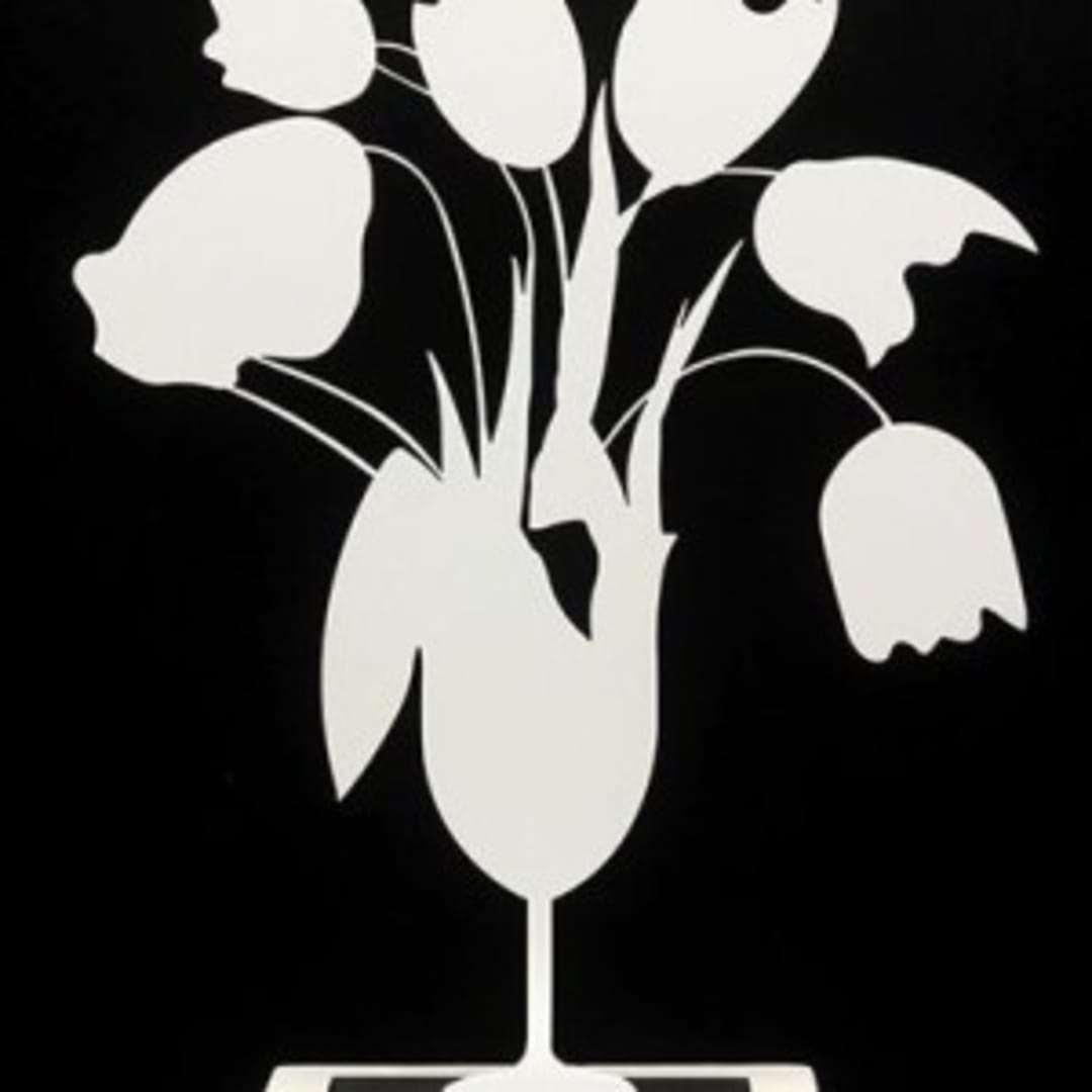 Donald Sultan, White Tulips and Vase, April 4, 2014, Painted aluminum on polished aluminum base, 24 x 20 x 3.5 in.