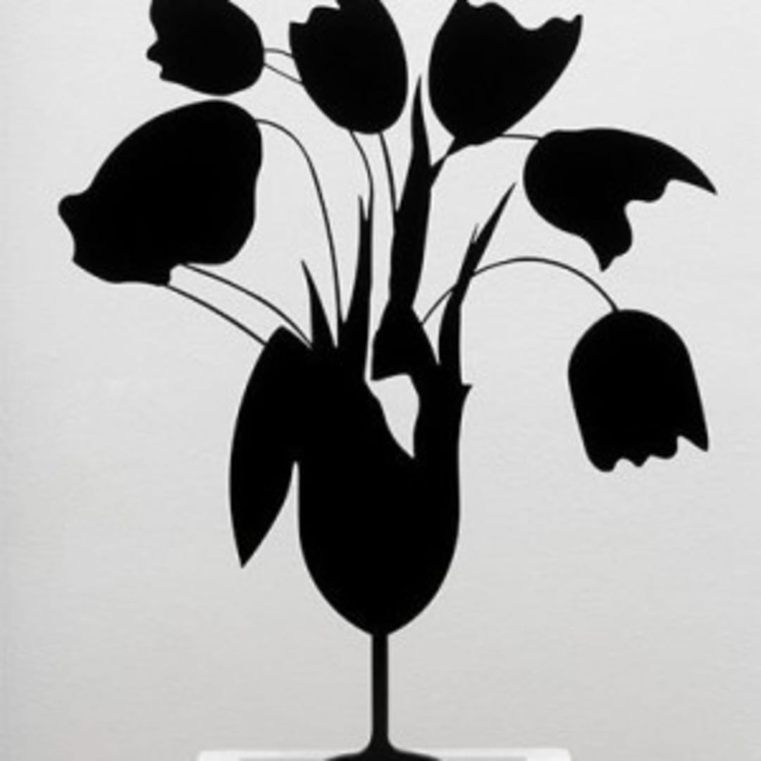 Donald Sultan, Black Tulips and Vase, April 5, 2014, Painted aluminum on polished aluminum base, 24 x 20 x 3.5 in.