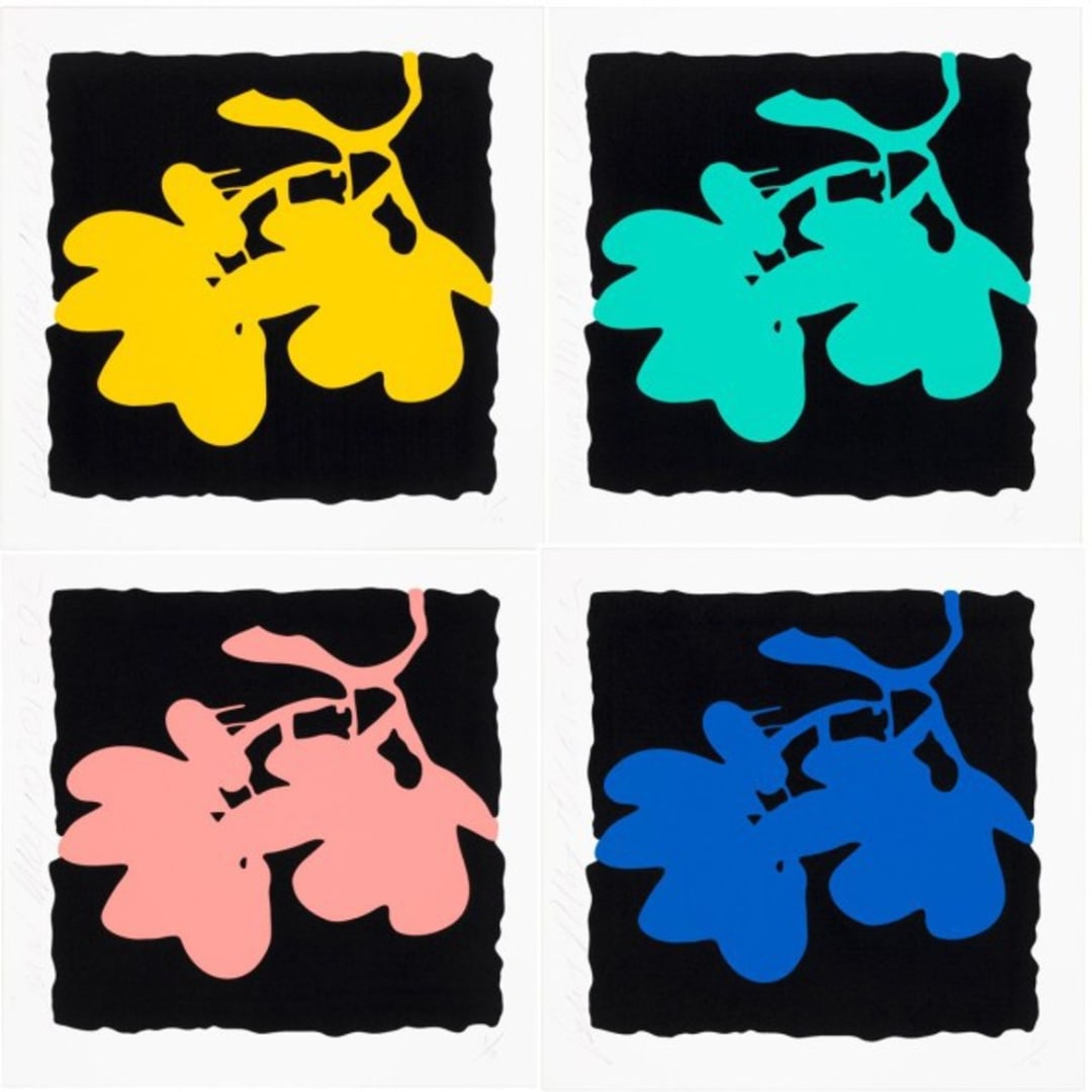 Donald Sultan, Lantern Flowers – Yellow, Aqua, Coral, Blue, 2012, Silkscreen with enamel inks and flocking on 2-ply museum board, 24 X 24 in., Edition of 50