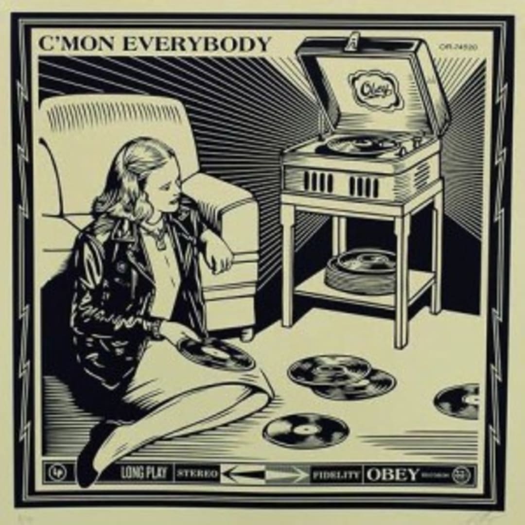 Available at VFA: Shepard Fairey C’mon Everybody, 2014 One color serigraph, one color varnish, 42 X 42 in., Edition of 50