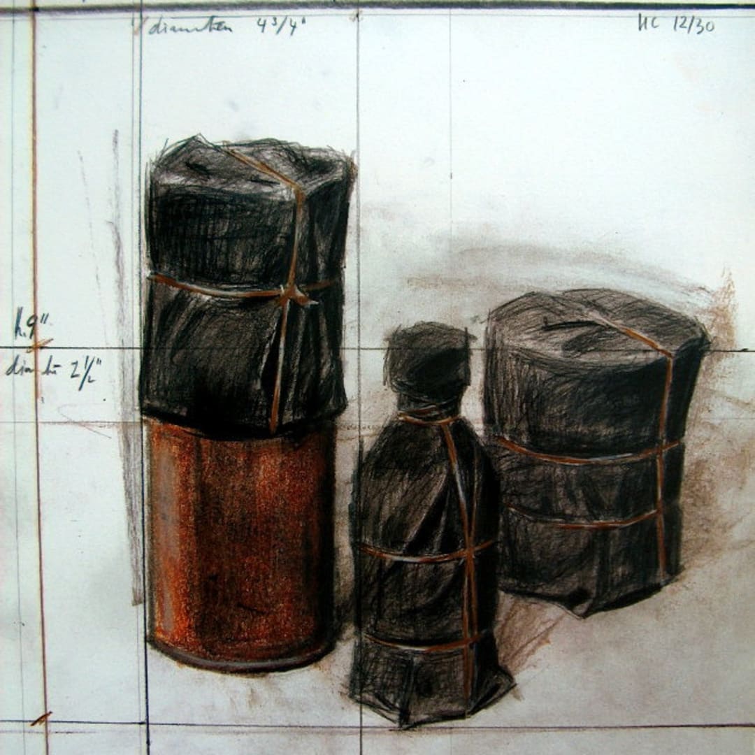 Available for Sale: Christo Wrapped Bottles and Cans (Project) 1958-2004 6-color lithograph w/hand additions Edition of 200 15.5 X 13.75 in.