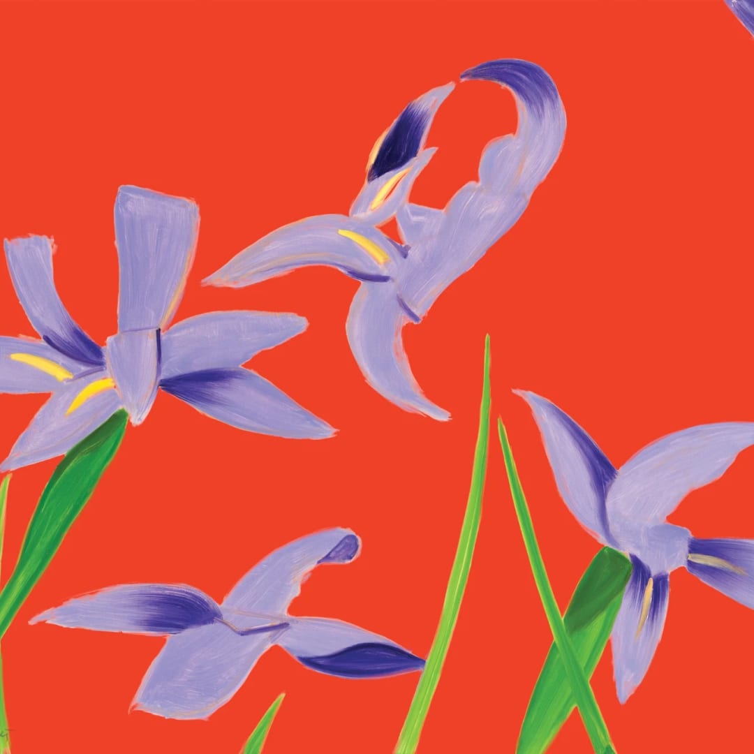 Available at VFA: Alex Katz Purple Irises On Red, 2023 Archival Pigment Ink Print, On Innova Etching Cotton Rag 315 Gsm 24 X 30 Edition Of 150