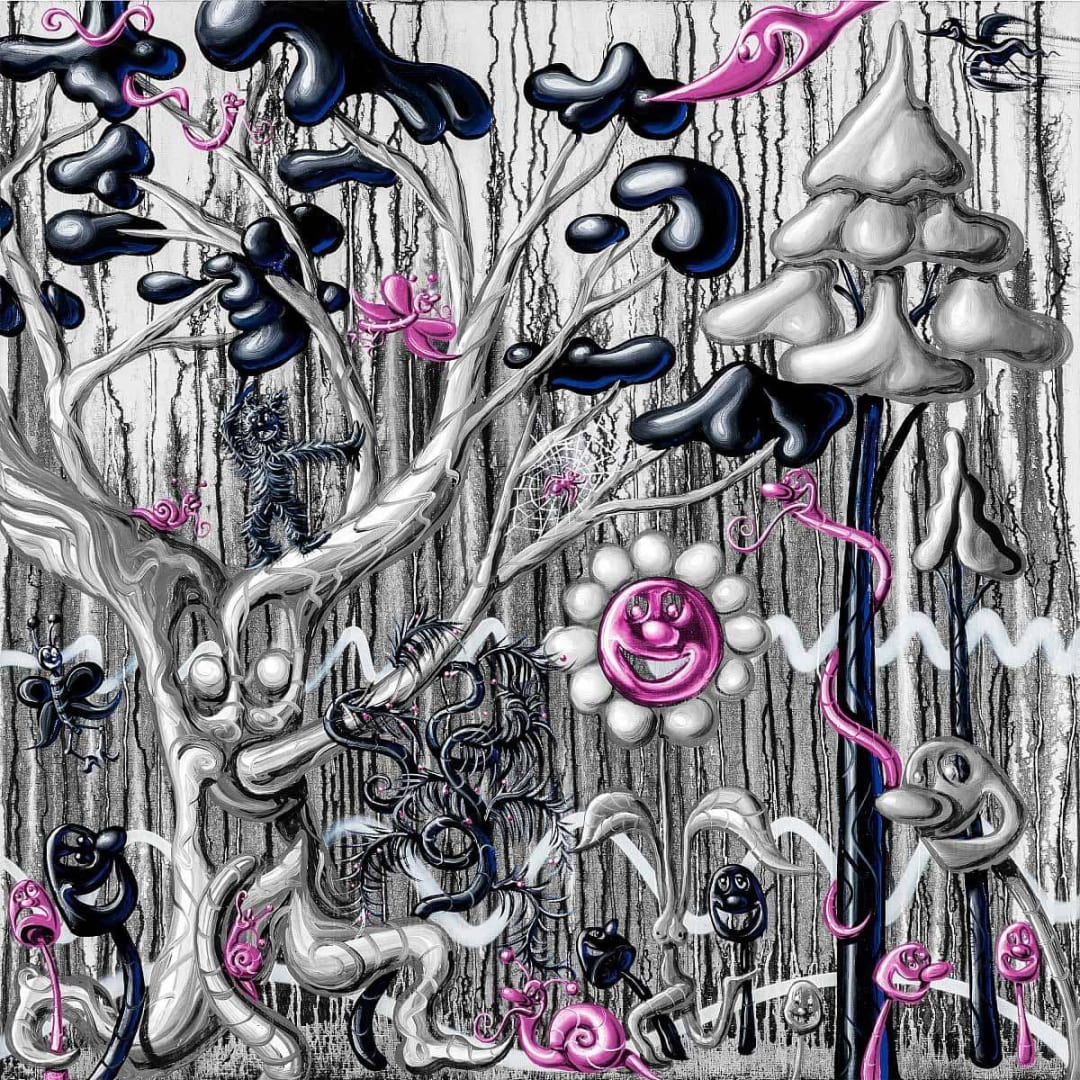 Kenny Scharf Furungle Black, 2021 Archival pigment ink print with silkscreened high gloss varnish and diamond dust on Innova Etching Cotton Rag 315 gsm fine art paper 42h x 42w in 25 For sale at VFA
