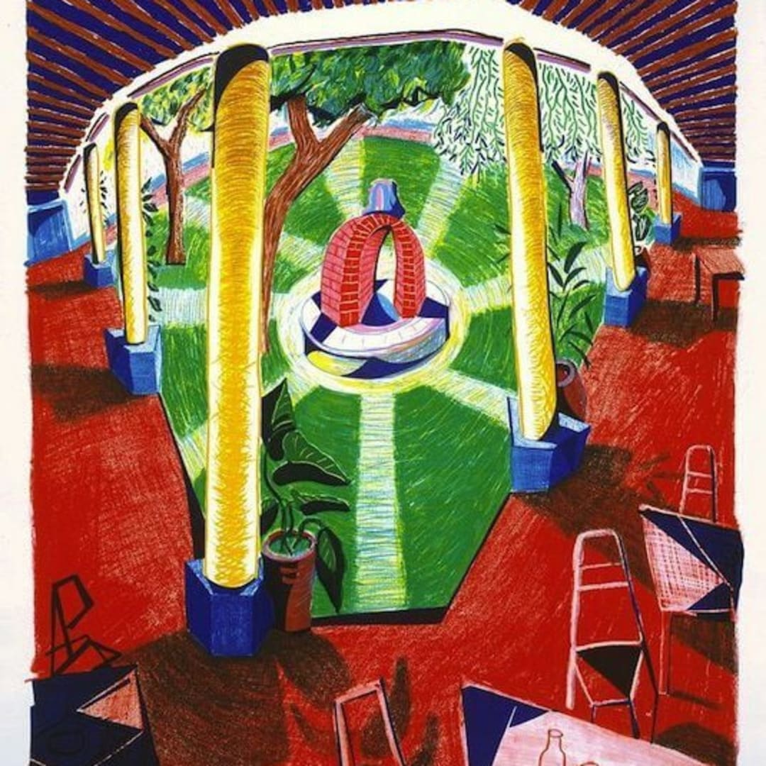 David Hockney View of Hotel Well lll 1985 Lithograph 48.5h X 38w in. Edition of 80 + XVlll AP’s