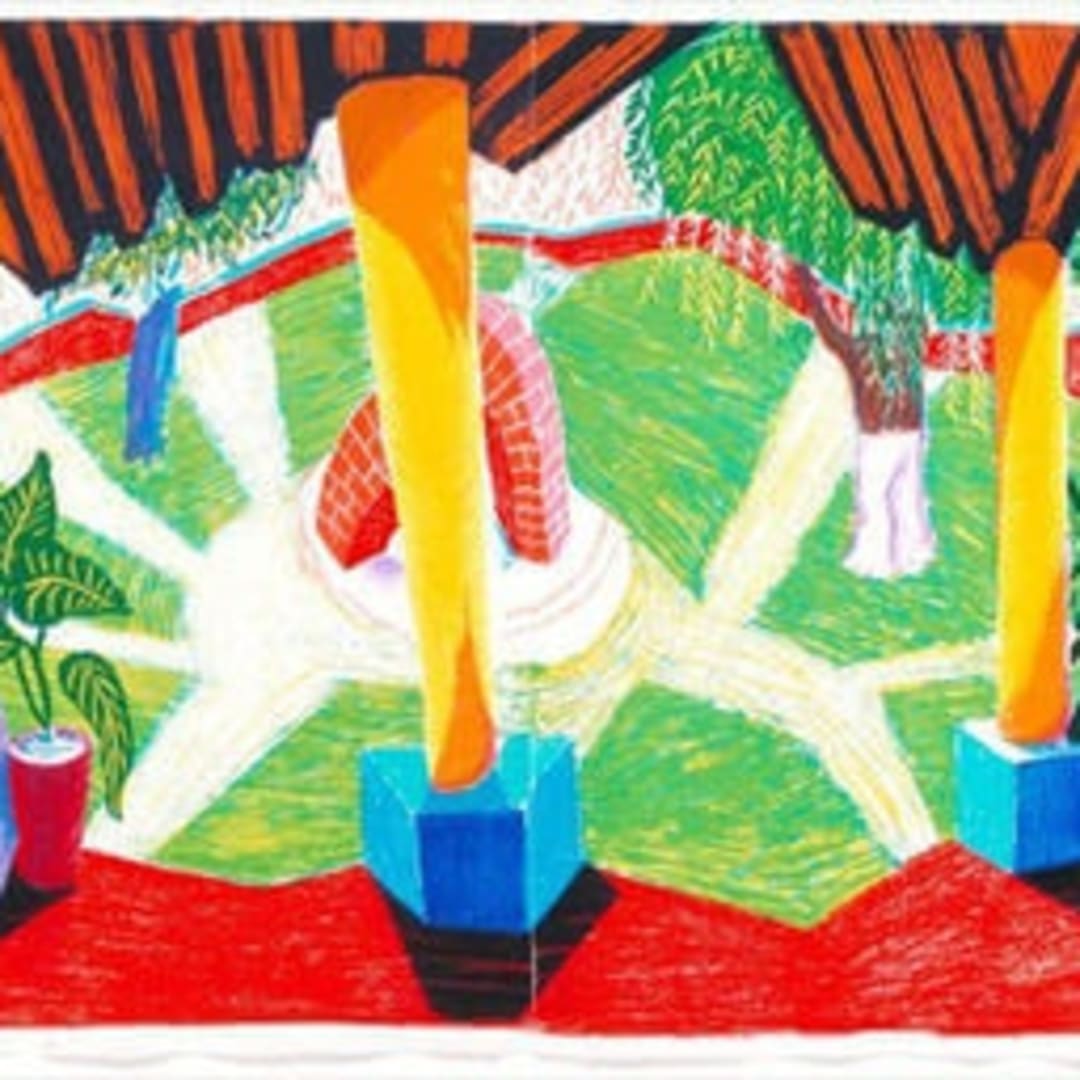 David Hockney Hotel Acatlan: Two Weeks Later, from; The Moving Focus Series, 1985 Lithograph in colors on two sheets of HMP handmade paper 28.70h x 74w in 94/95 For sale at VFA